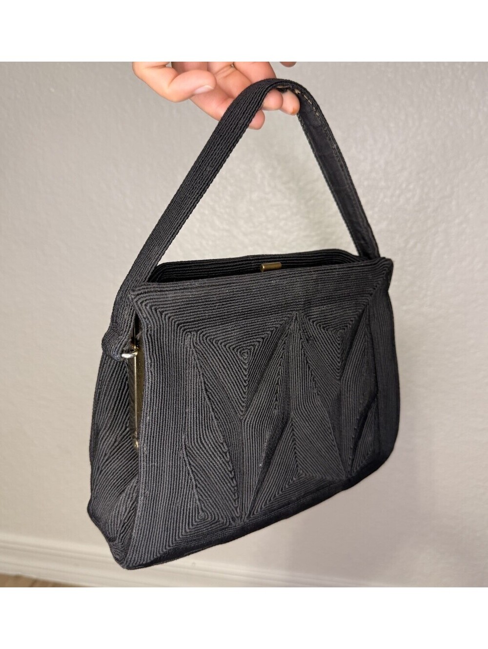 Vintage Walborg Corde Handbag Black Geometric Corded Top Handle Frame Bag 1950s